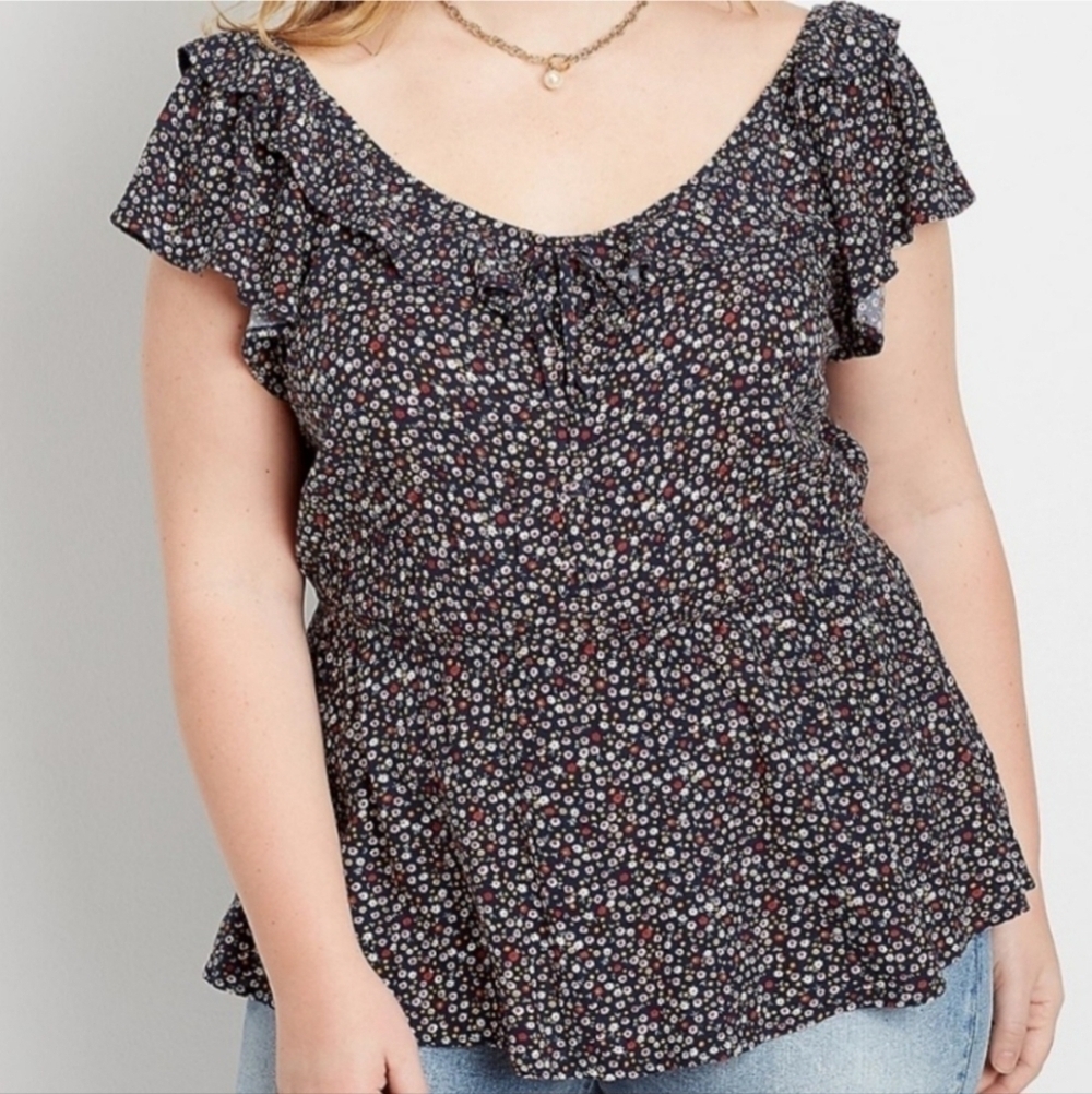 NWT Maurices Navy Blue Floral Ruffle Trim Blouse Women's XL Flutter Sleeves NEW